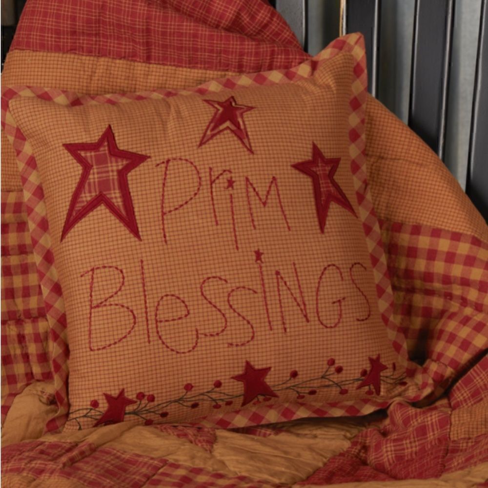 NEW! Farmhouse Burgundy Checked Prim Blessings Throw Pillow Country Cottage